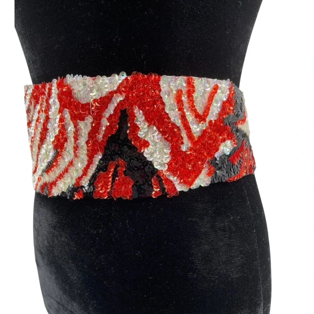 Vintage La Mendola Minuet Art Deco Hand Beaded Red Black Pure Silk Chiffon Belt